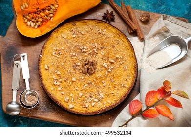 Pumpkin Pie In Rustic Style, Top View