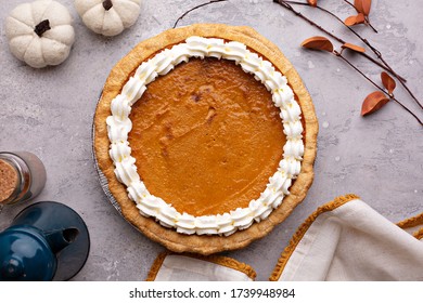 Pumpkin Pie Served With Whipped Cream Overhead Shot