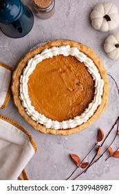 Pumpkin Pie Served With Whipped Cream Overhead Shot