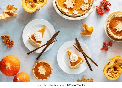 Pumpkin Pie Served With Whipped Cream Ready To Eat, Autumn Treats Concept, Top Down View