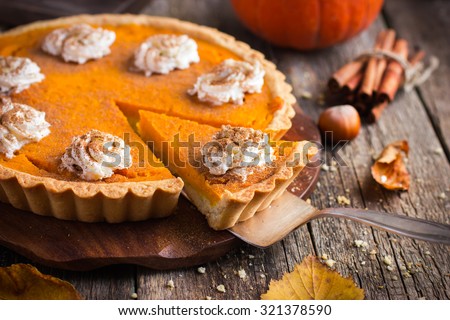 pumpkin pie with whipped cream and cinnamon on rustic background, top view
