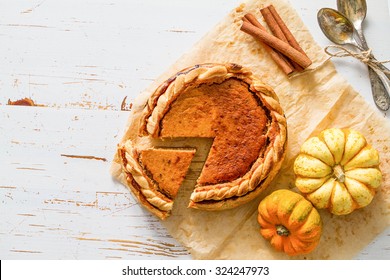 Pumpkin Pie, White Wood Background, Top View