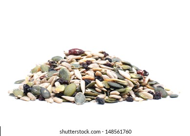Pumpkin, pine cone and sunflower seeds isolated on a white background, healthy vegan food - Shutterstock ID 148561760
