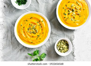 Pumpkin Puree In Bowl Over Light Background. Healthy Diet Food Concept. Top View, Flat Lay