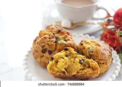 Pumpkin Scone And Tea With Copy Space