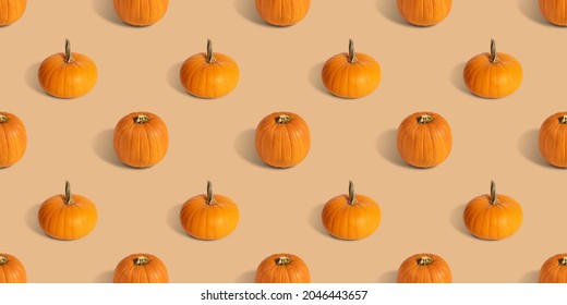 Pumpkin Seamless Pattern On Beige Background. Banner. Halloween Pumpkin Background. Autumn Concept. Side View.