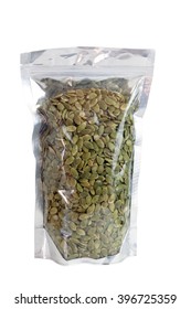 Pumpkin Seed Kernel In Packaging Foil Zip Lock Bag. Isolated On White With Clipping Paths.