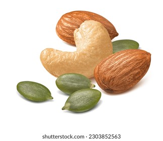 Pumpkin seeds, cashew and almond nuts  isolated on white background. Square layout. Package design element with clipping path - Powered by Shutterstock