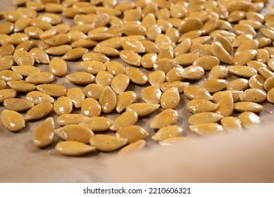 Pumpkin Seeds. Close Up Picture. Ready To Be Grilled. Preparation Recipe, Step By Step. Homemade, Cooking. Healthy Nutrition. Organic. Zero Waste. Environmentally Friendly Food.