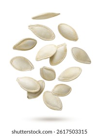 Pumpkin seeds flying close-up on a white background. Isolated