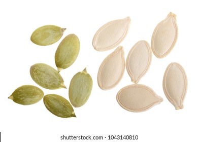 Pumpkin seeds or pepitas, isolated on white background. Top view. Flat lay