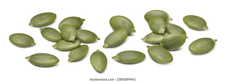 Pumpkin seeds set isolated on white background. Fresh and green. Horizontal layout. Package design elements with clipping path
