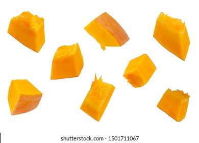 Pumpkin slices isolated on a white background, top view. Sliced pumpkin isolated on white. Pieces of pumpkin, top view. Diced pumpkin, closeup. - Shutterstock ID 1501711067