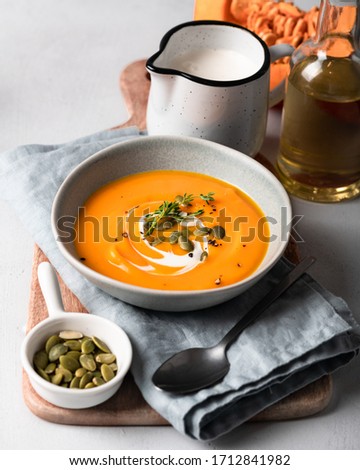 Similar – Image, Stock Photo Pumpkin soup in white bowl