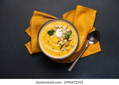 Pumpkin soup with cream and bread croutons in bowl on black background. Seasonal autumn dish on the table top view