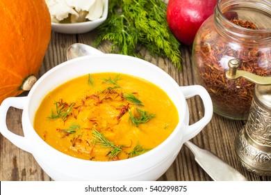 Pumpkin Soup With Curry, Saffron And Cheese Balls, Dill