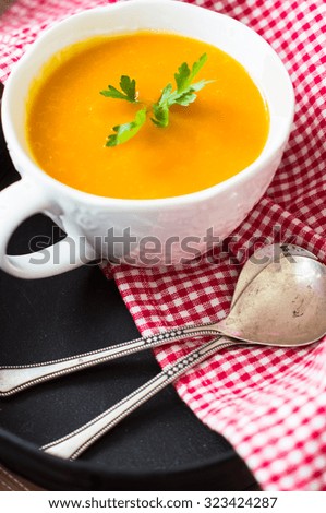 Similar – Foto Bild Kürbissuppe in weißer Schüssel und Zutaten auf Holztisch