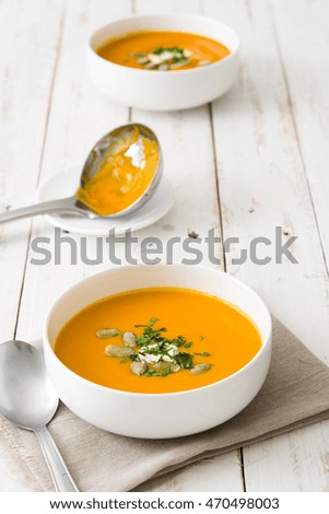 Similar – Image, Stock Photo Pumpkin soup in white bowl