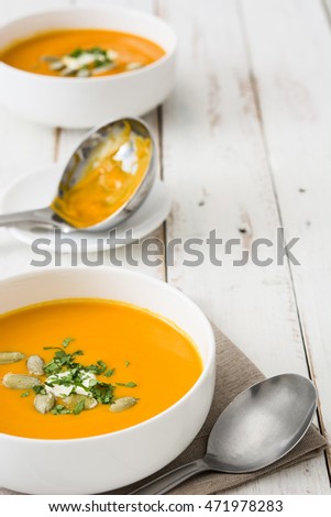 Similar – Image, Stock Photo Pumpkin soup in white bowl