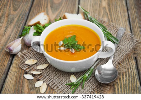 Similar – Image, Stock Photo Pumpkin soup in white bowl