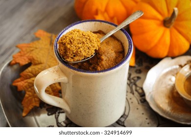 Pumpkin Spice Mug Cake Autumn Concept, Selective Focus