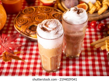 Pumpkin Spice Whipped Latte In A Glasses. Hot Autumn Drink Beverage.