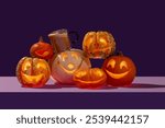 Pumpkin spiced latte with Halloween variety of happy face pumpkins gang on a pile like a singing choir in contrast orange and purple