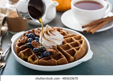 Pumpkin Spicy Waffles With Whipped Cream For Breakfast