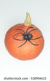 Pumpkin And Spider On White Background.