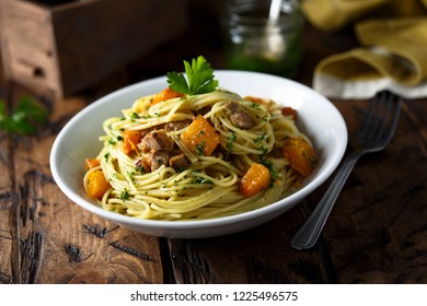 Pumpkin Veal Pasta With Parsley Pesto Sauce