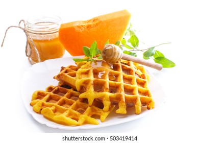 Pumpkin Waffles With Honey