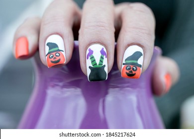 Pumpkin And Witch Halloween Nail Art Design