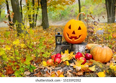 Pumpkin-head against a background of an autumn forest. Halloween is a fun holiday.