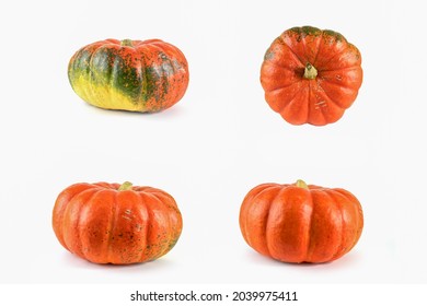 Pumpkins collection isolated on white with shadow and subtle reflection. Ripe ugly pumpkins, orange-green pumpkins. Harvest.