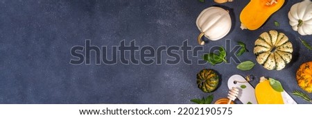 Pumpkins cooking background with various sizes, types and colors squashes with  herbs and spices, olive oil, honey, on black kitchen table background Top view copy space 
