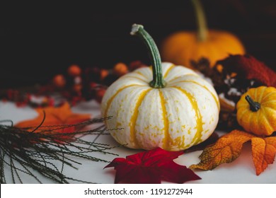 Pumpkins With Fall Foliage In Front Of A Dark Brown Wooden Background.