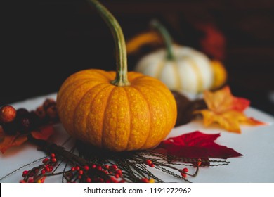 Pumpkins With Fall Foliage In Front Of A Dark Brown Wooden Background.