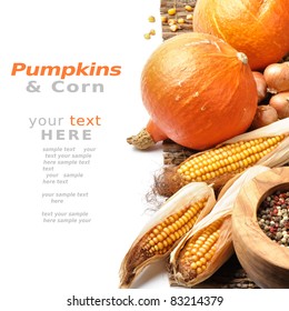 Pumpkins And Fall Vegetables Over White Background With Copyspace