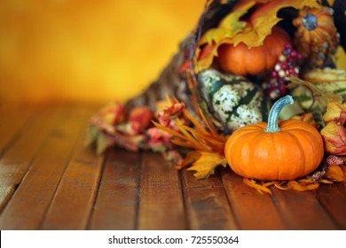 Pumpkins, gourds, and leaves in an Autumn cornucopia background - Shutterstock ID 725550364