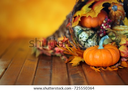 Pumpkins, gourds, and leaves in an Autumn cornucopia background