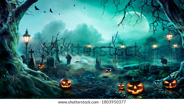 Pumpkins In Graveyard In The Spooky Night -\
Halloween Backdrop