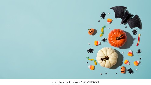 Pumpkins With Halloween Decorations - Overhead View Flat Lay