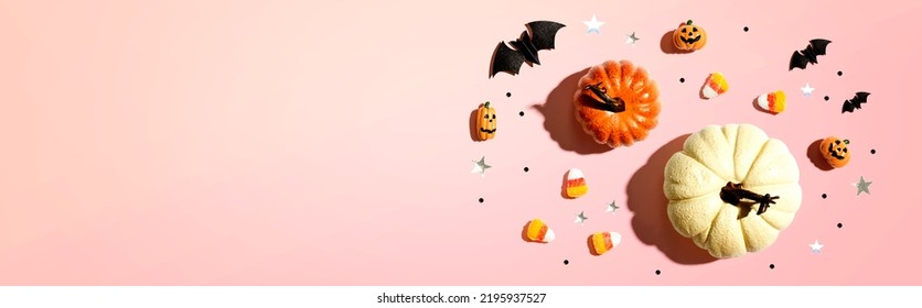 Pumpkins and Halloween decorations    overhead view flat lay