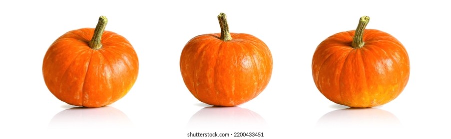 Pumpkins isolated on white background, ripe fresh vegetables side view. Set of orange whole pumpkins, small squash on Halloween, Thanksgiving. Design, food, template, nature, plant and fall theme. - Shutterstock ID 2200433451