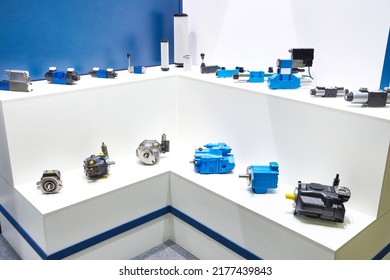 Pumps, filters, motors, valves, hydraulic accumulators in exhibition - Shutterstock ID 2177439843