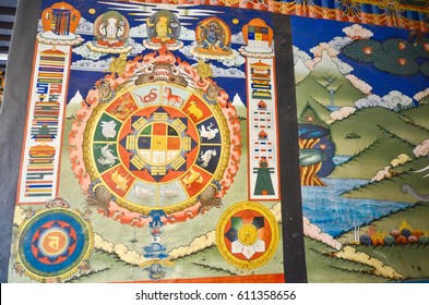 Punakha, Bhutan - AUGUST 15, 2014: Bhavacakra, Or The Bhutanese-Style Buddhist Wheel Of Life 