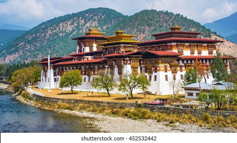 The Punakha Dzong Monastery In Bhutan Asia One Of The Largest Monestary In Asiawith The Landscape And Mountains Background, Punakha,Bhutan