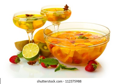 Punch In Bowl And Glasses With Fruits, Isolated On White