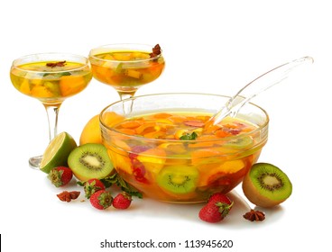 Punch In Bowl And Glasses With Fruits, Isolated On White