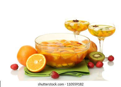 Punch In Bowl And Glasses With Fruits, On Wooden Table, Isolated On White